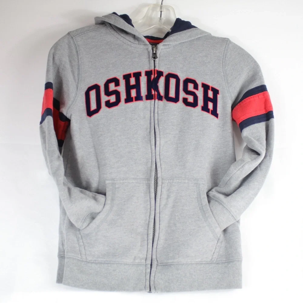 OshKosh B'Gosh Gray Blue & Red‎ Long Sleeve Zip Up Hoodie Sweater Kids Size 10